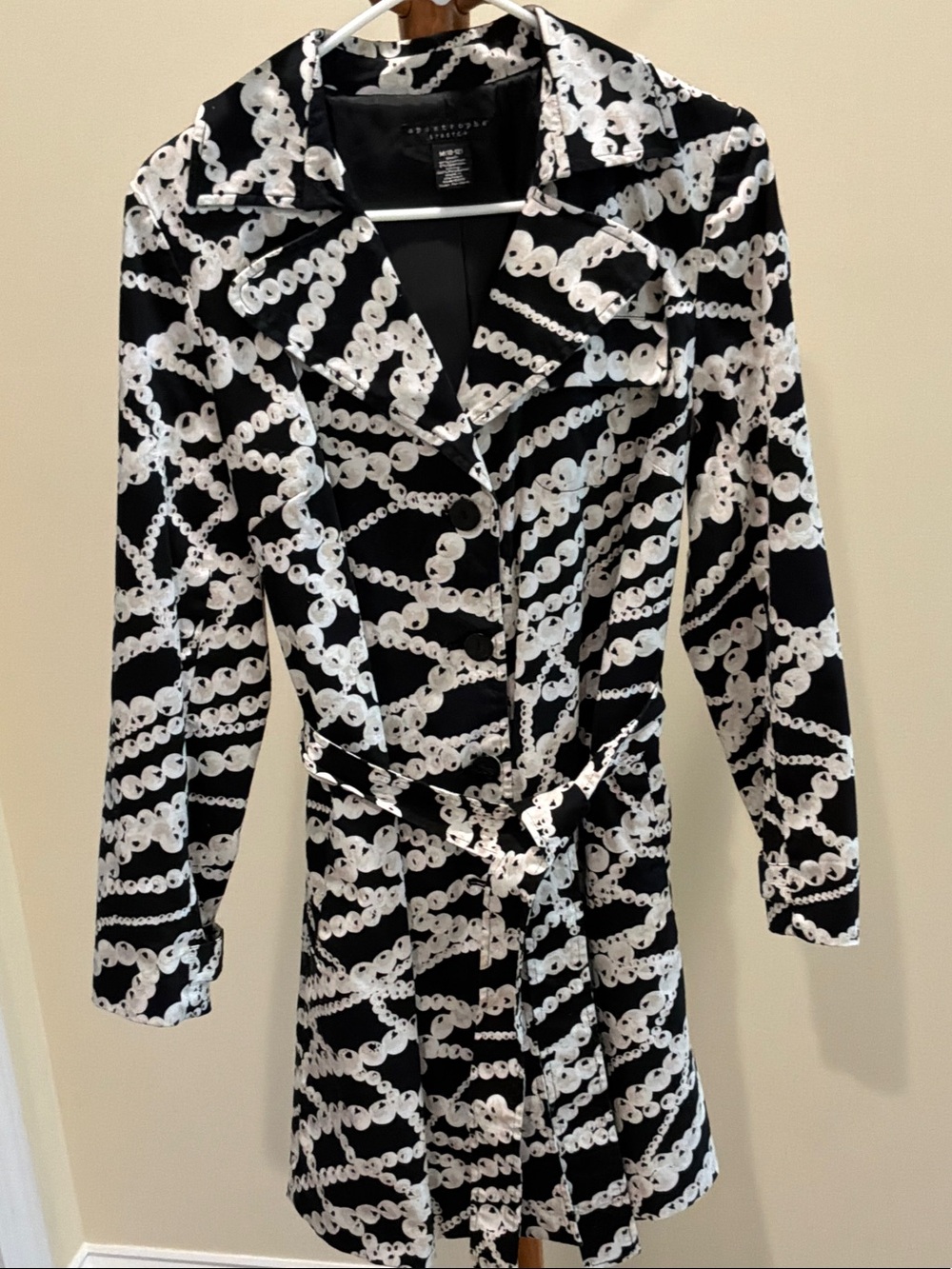 Black & White Chain-Print Women's Shirt Dress with Belt trench style size(10-12)